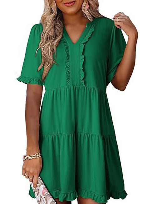 tiered-notched-short-sleeve-mini-dress OhSoStyled - Sophia's Style in Dark Green-1